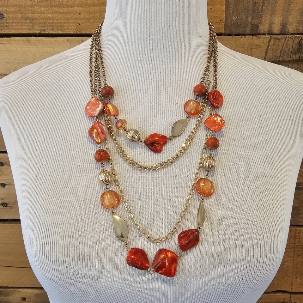 Multi-Layered Orange and Gold Bead/Shell Necklace